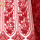 Red 3D Beaded Lace Fabric Handmade Embroidery With Sequins