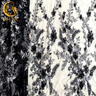 Black Decorative Embroidered Lace Fabric Fashionable With Rhinestones