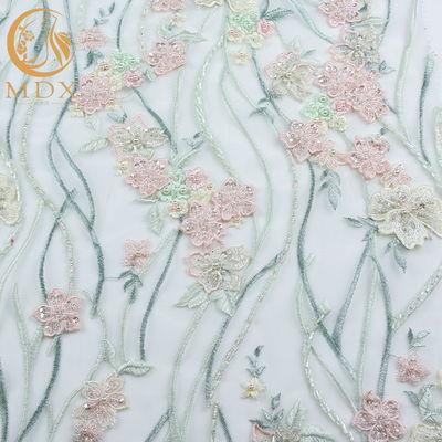 Polyester Hand Cut Applique Lace Fabric Excellent Customized For Wedding Dress