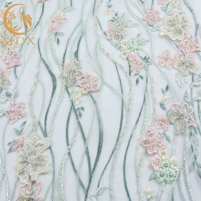 Polyester Hand Cut Applique Lace Fabric Excellent Customized For Wedding Dress