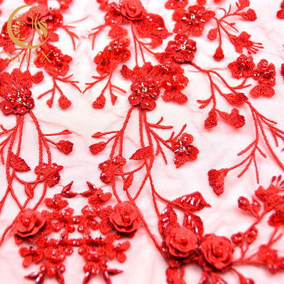 Gorgeous 3D Embroidery Lace Applique Handwork Beaded Red Color Lace