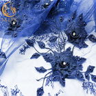 Dark Blue Wedding Dress Lace Fabric 55 inch Width Rhinestones Decoration