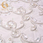 Luxury Heavy White Lace Fabrics 3D Floral Lace Material 1 Yard With Rhinestones