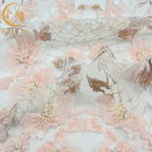 Pink Embroidery 3D Beaded Lace Fabric Handmade Water Soluble For Bridal Dresses