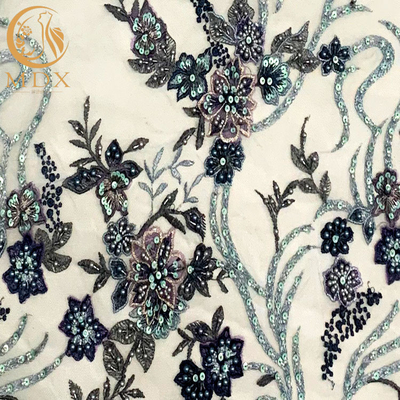 Fashion Knitted 3D Embroidery Lace Fabric With Beads Applique Decoration