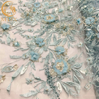 20% Polyester Blue 3D Flower Lace Fabric For Evening Gown
