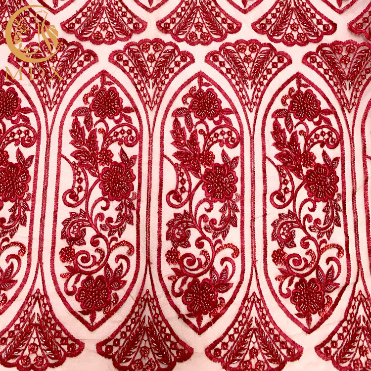 Red 3D Beaded Lace Fabric Handmade Embroidery With Sequins