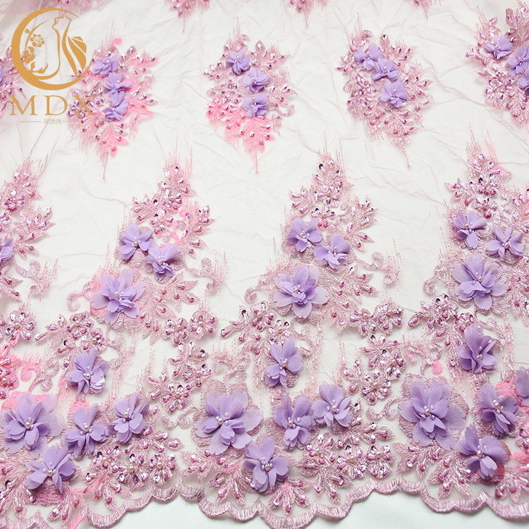 Soft 3D Flower Lace Fabric 135cm Widh Tulle Polyester Hand Embroidered Net Fabric