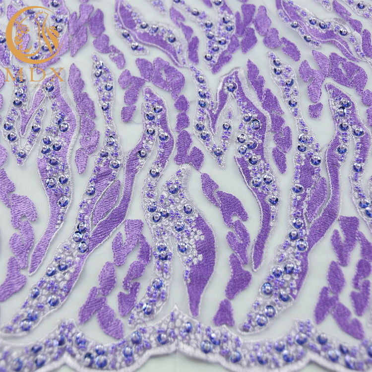 Purple Beaded Handmade Lace Fabric Embroidery Water Soluble For Garment