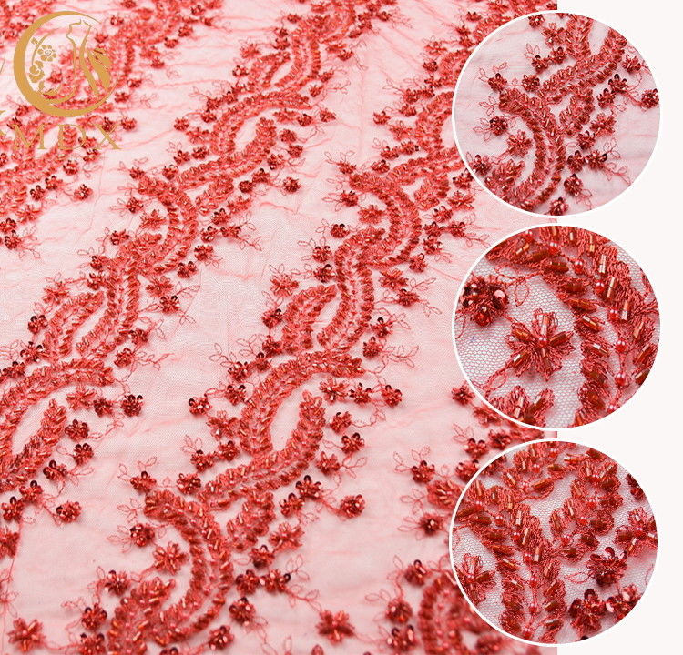 Beaded Red Embroidered Lace Handmade 91.44cm Length Water Soluble