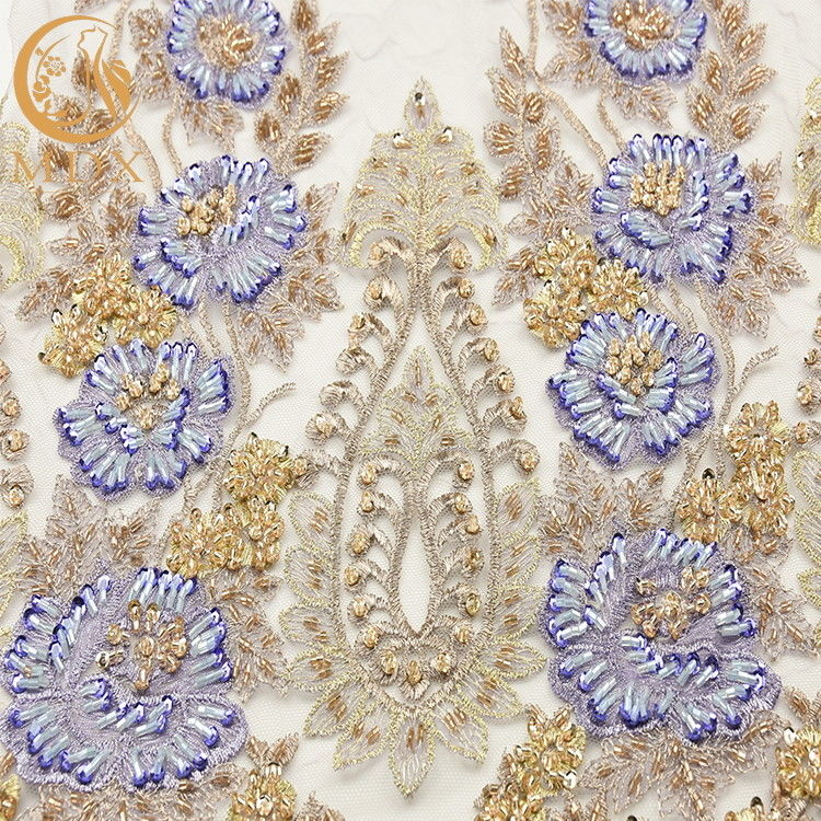Customized Beaded Lace Fabric 80% Nylon Handmade Embroidered