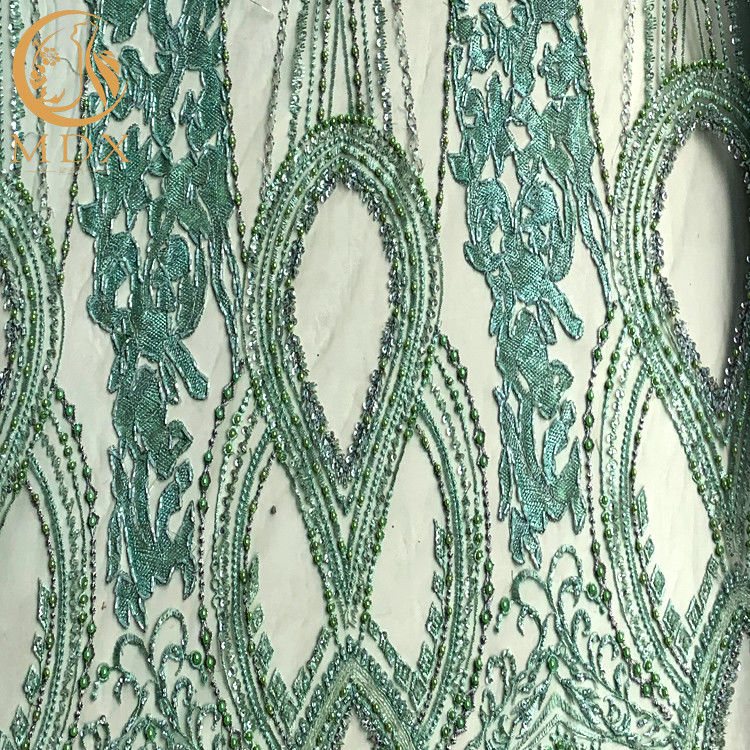 Sophisticated Green Beaded Lace Fabric / Lace Material Fabric For Bridal Dress