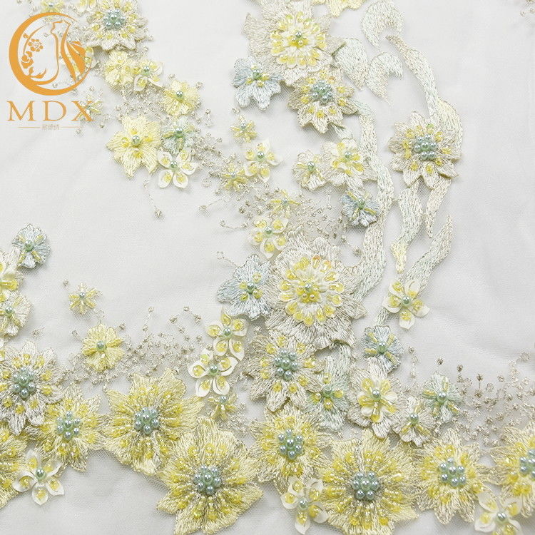 Nice 3D Flowers Light Yellow Lace Fabric 140cm Width Types Of Bridal Lace