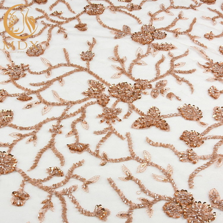 Water Soluble Golden Lace Fabric Beaded Polyester Bridal Dress Lace Fabric