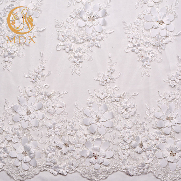Beautiful 3D White Floral Lace Fabric Beaded Polyester Water Soluble