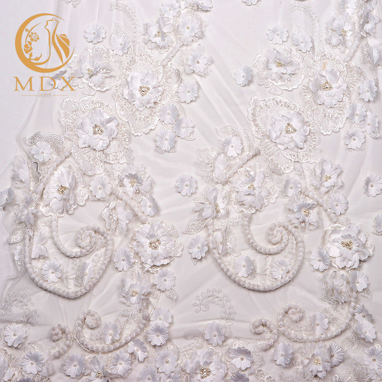 3D Flowers Suitable White Lace Fabrics 80% Nylon 1 Yard Length
