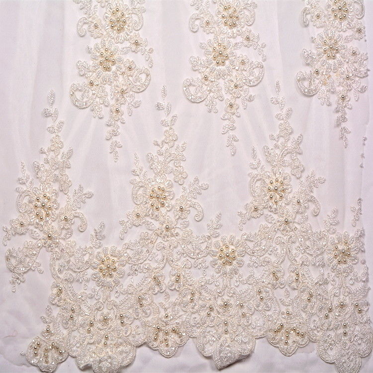 Embroidery Bridal White Wedding Lace Fabric Customized Beaded 20% Polyester