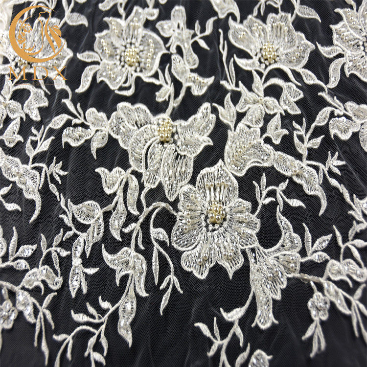Unique White Embroidered Lace Fabric Pearls Decoration 135cm 140cm Width