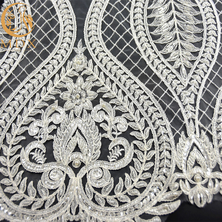 135cm Width Pure Hand Beaded Embroidery White Bridal Lace Fabric Water Soluble