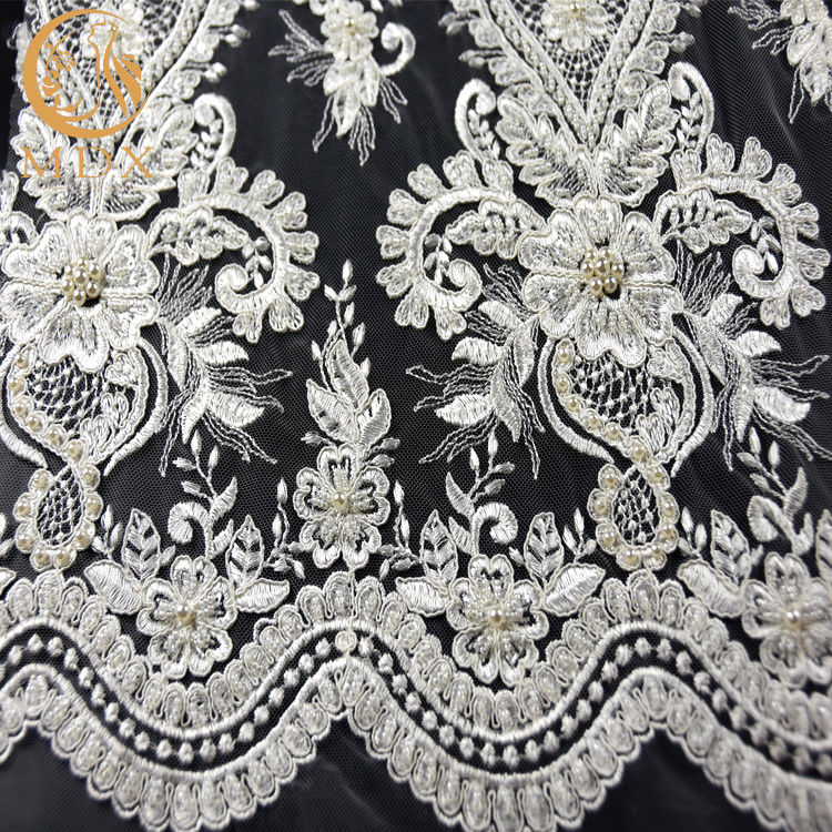 1 Yard 20％ Polyester White Lace Fabrics Luxury Beaded Embroidered Lace For Dress