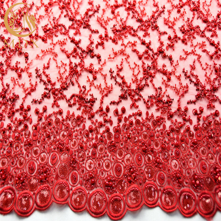 Embroidery Beaded Red Flower Lace 20% Polyester Glitter Handmade 135cm Width