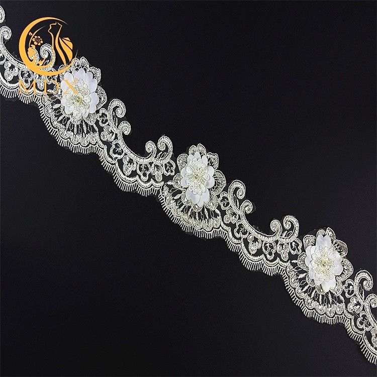 Home Textile Handmade Embroidery Lace Trim 3D Flower Decorative With Beads