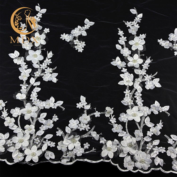 Bridal Wedding Tulle Lace Trim 25cm With 3D Flower Decoration with Beads