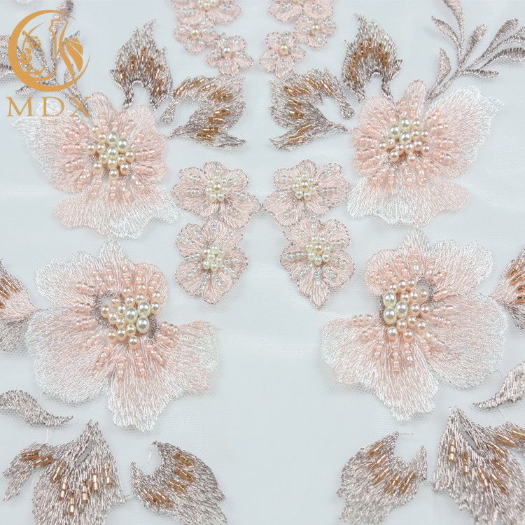 Pink Embroidery 3D Beaded Lace Fabric Handmade Water Soluble For Bridal Dresses