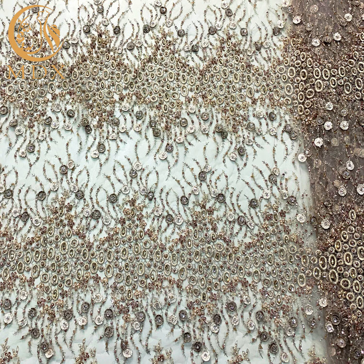Gold African Beaded Handmade Embroidery Lace Fabric With Appliques