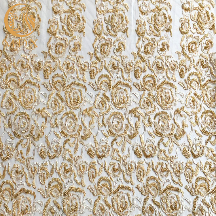 Gold Tulle Embroidered Beaded Heavy Handmade Lace Fabric For Dresses