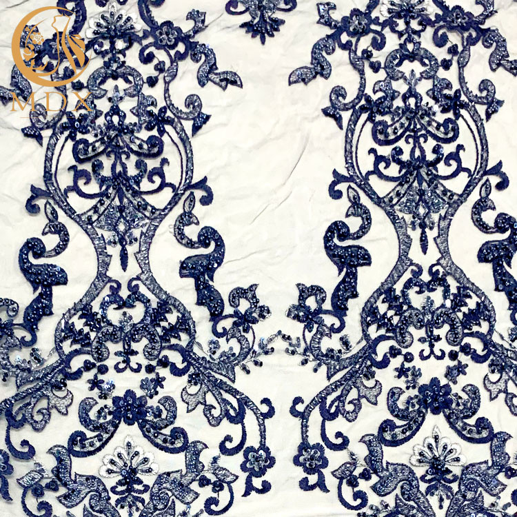 Blue Nylon Handmade Beaded Lace Fabric For fashion Show Dresses
