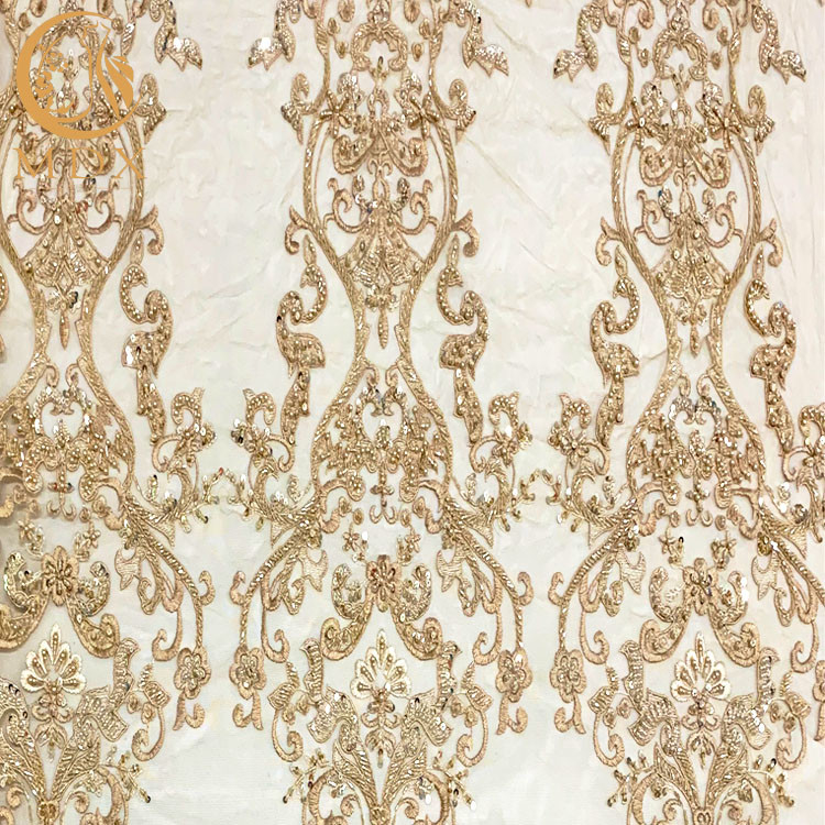 Polyester Gold Beaded Embroidery Lace Fabric For Home Textile