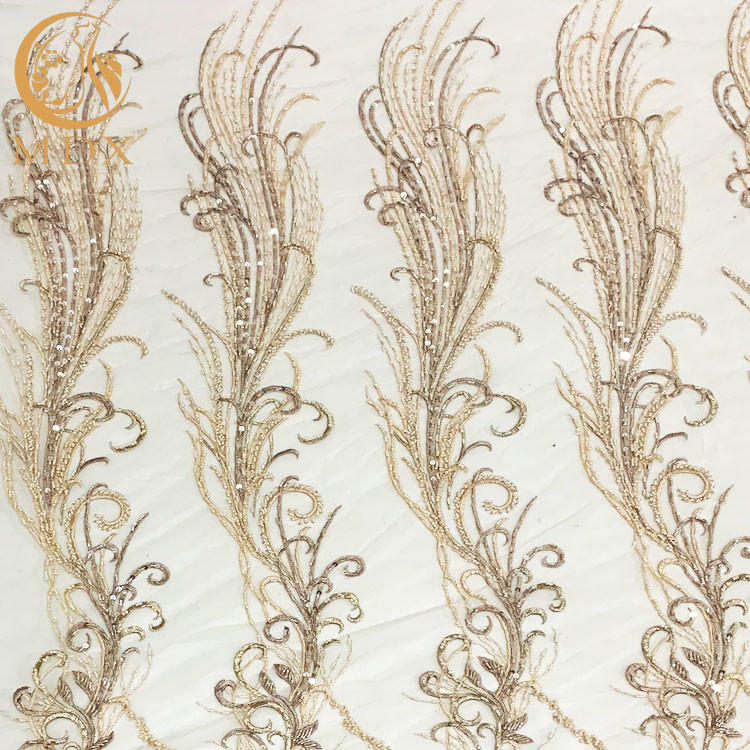 Customized Gold Heavy Beaded Embroidery Lace Fabrics By The Handmade
