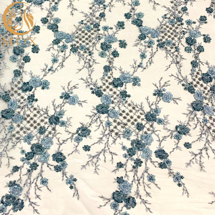 Blue 3D Embroidery Mesh Beaded Lace Fabric For Dresses